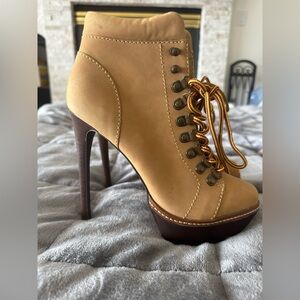 Tan and Brown High Heeled Lace-Up Boots